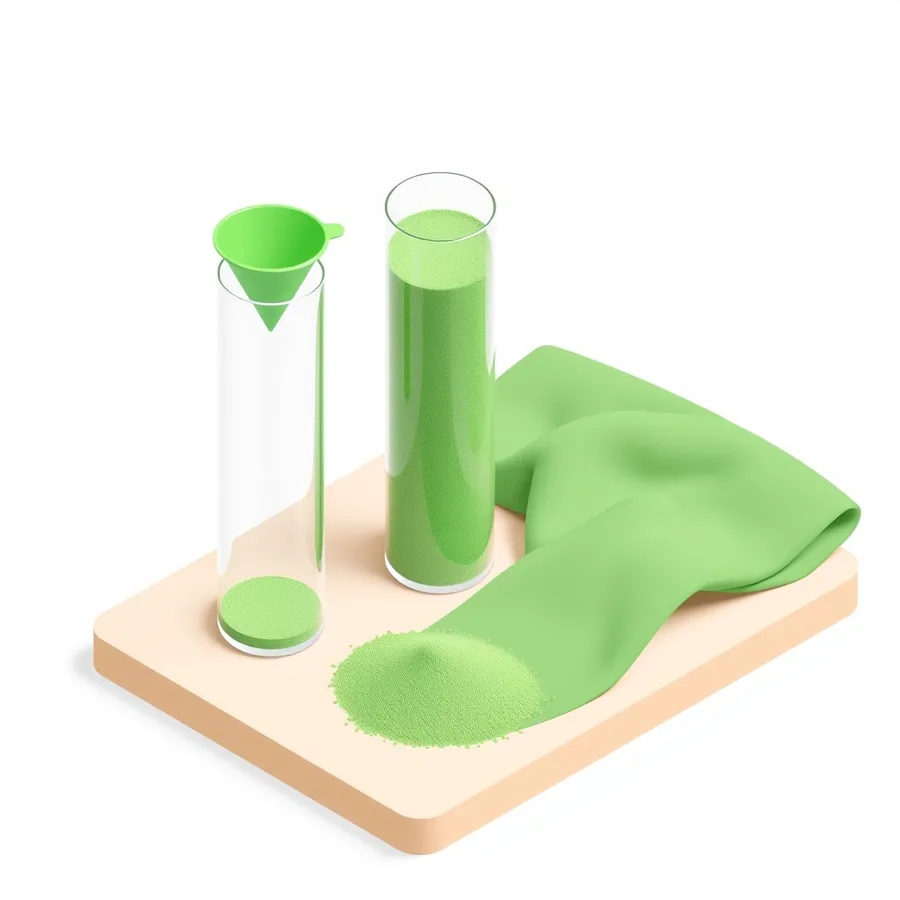 An isometric illustration of two tall glass cylinders standing on a pale wooden board, one nearly empty with a green funnel resting in its mouth and one filled to the top with fine green sand, a spill of sand on the board beside them and a folded green cloth behind