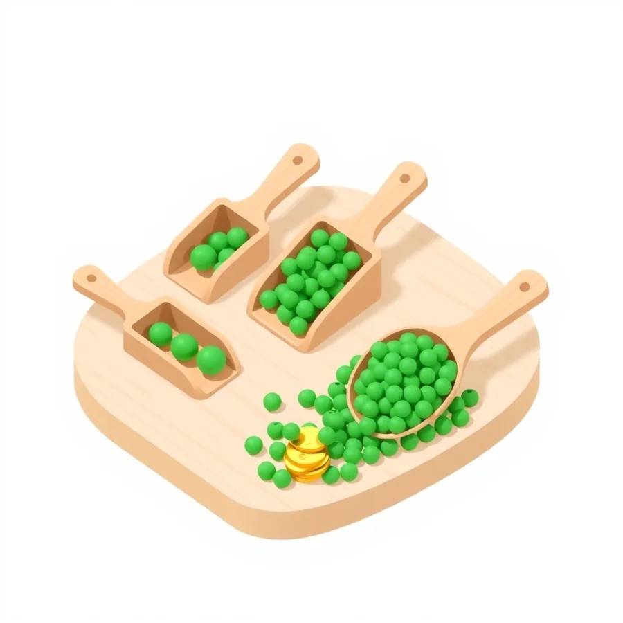An isometric illustration on a pale wooden board: four wooden scoops of different sizes holding very different quantities of small green beads, from two beads in the smallest to a heaped mound in the largest, with loose beads scattered across the board