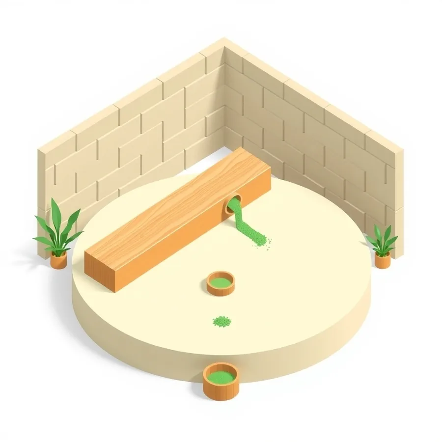 Isometric illustration of a long sealed wooden beam leaking green sand through a hole in its side onto a cream platform