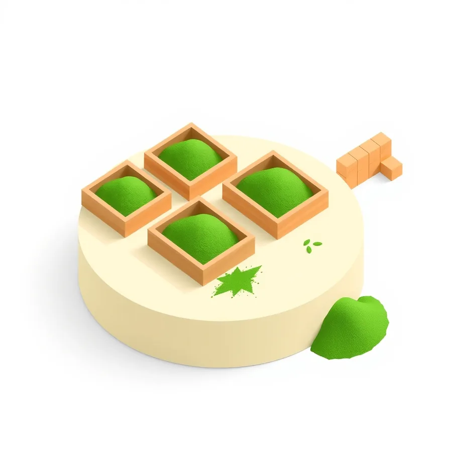 Isometric illustration of four square wooden trays each heaped with green sand above the rim, with a larger mound of green sand resting outside the platform