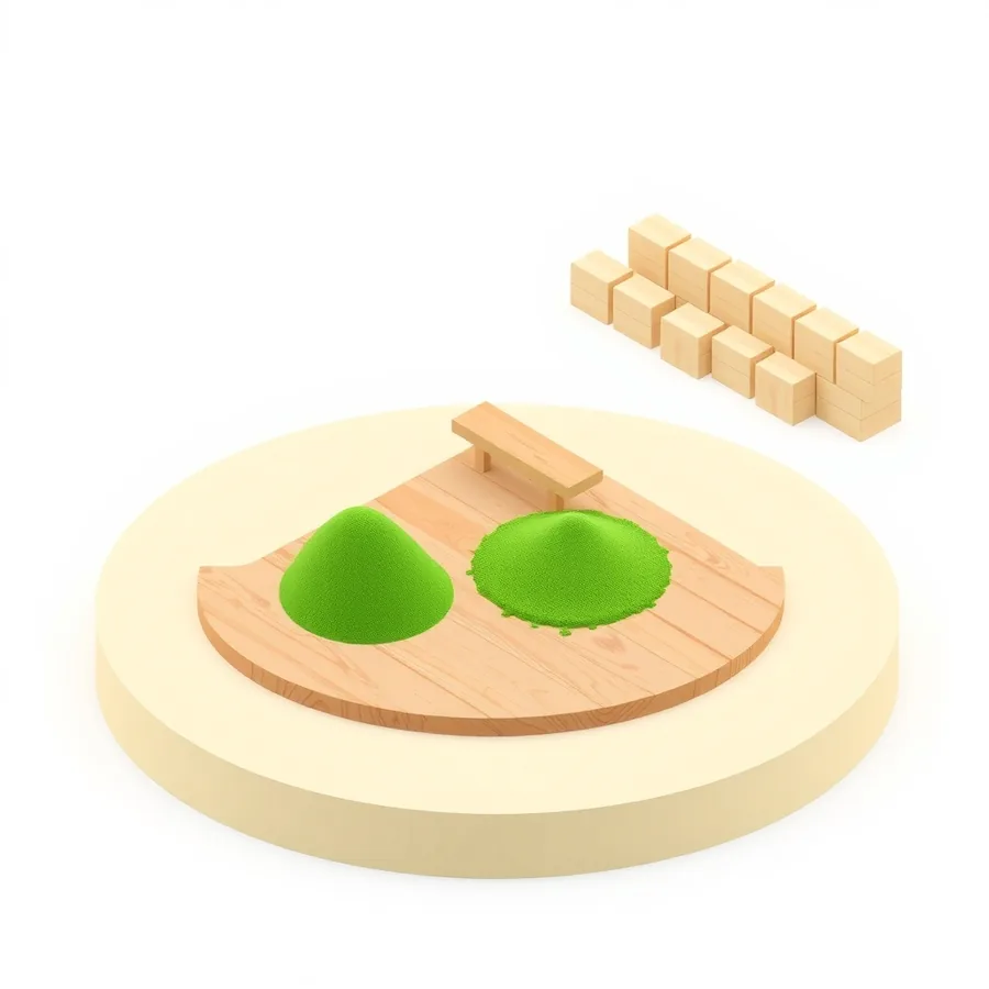 Two mounds of green sand on a wooden board, one tall and peaked and one low and spread wide