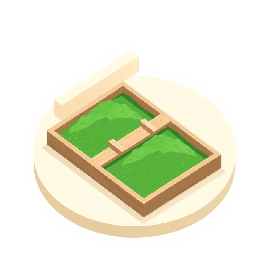 Isometric illustration of a shallow wooden tray of green sand split by a fixed divider, for the MailerLite review