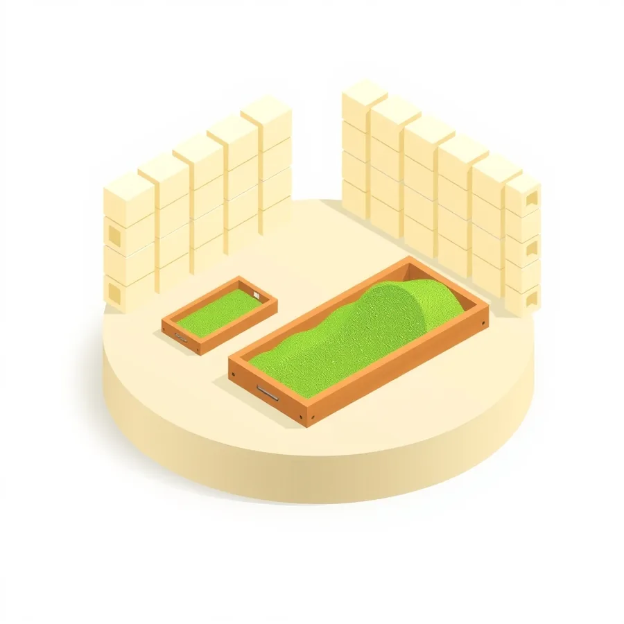 Isometric illustration of a small shallow tray of green sand beside a much longer tray heaped with it