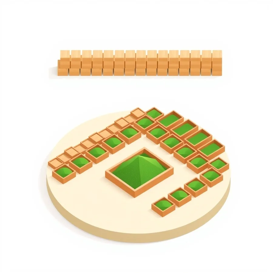 One large tray of green sand ringed by twenty small ones, illustrating one video copied into many languages