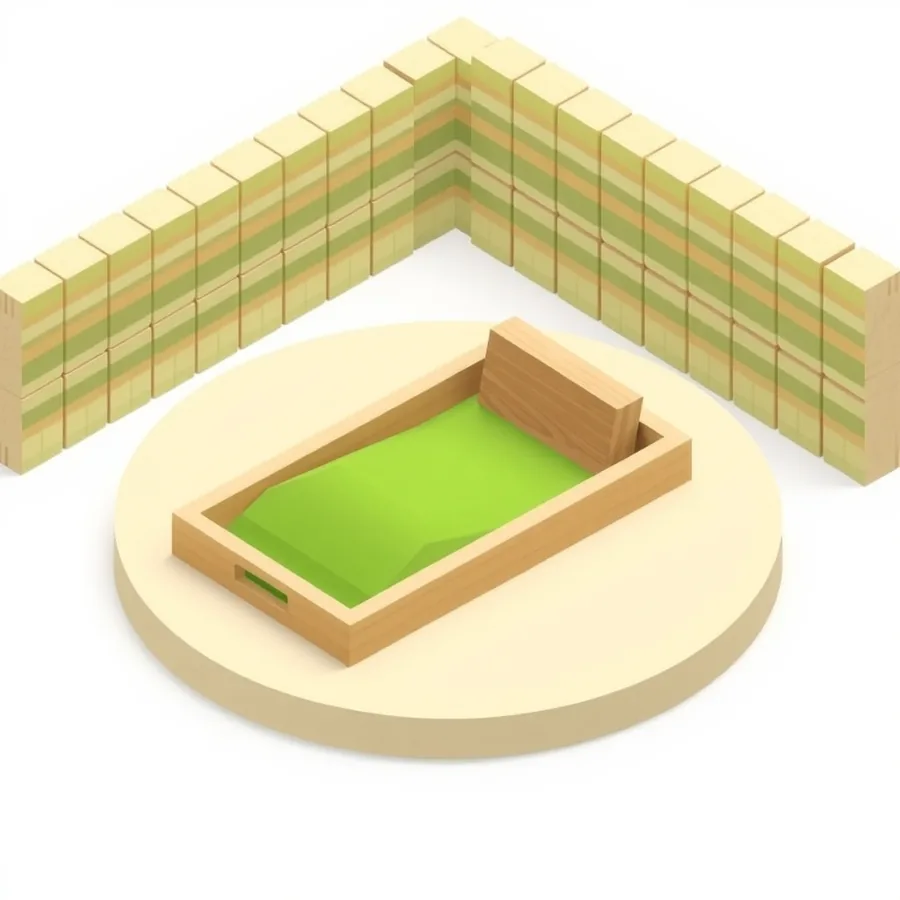 Isometric wooden tray of green sand with a thick block wedged inside taking up part of the space